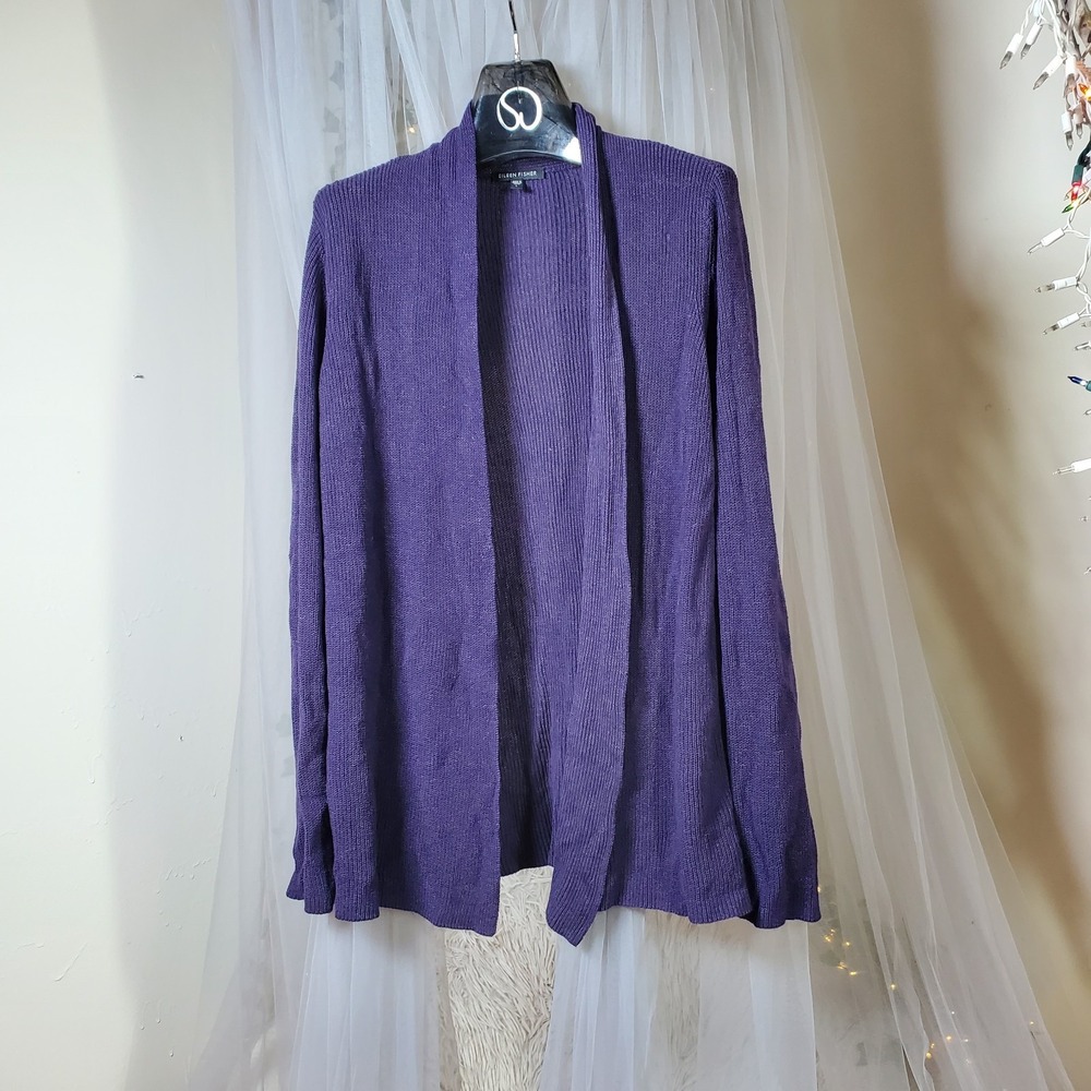 Eileen Fisher Open Front Longline Cardigan Purple Luxury Cotton/Silk Sz L